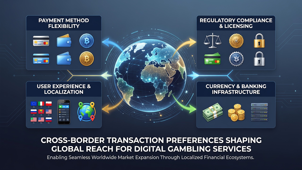 Digital transaction flow diagram illustrating cross-border payment routes for online gambling services