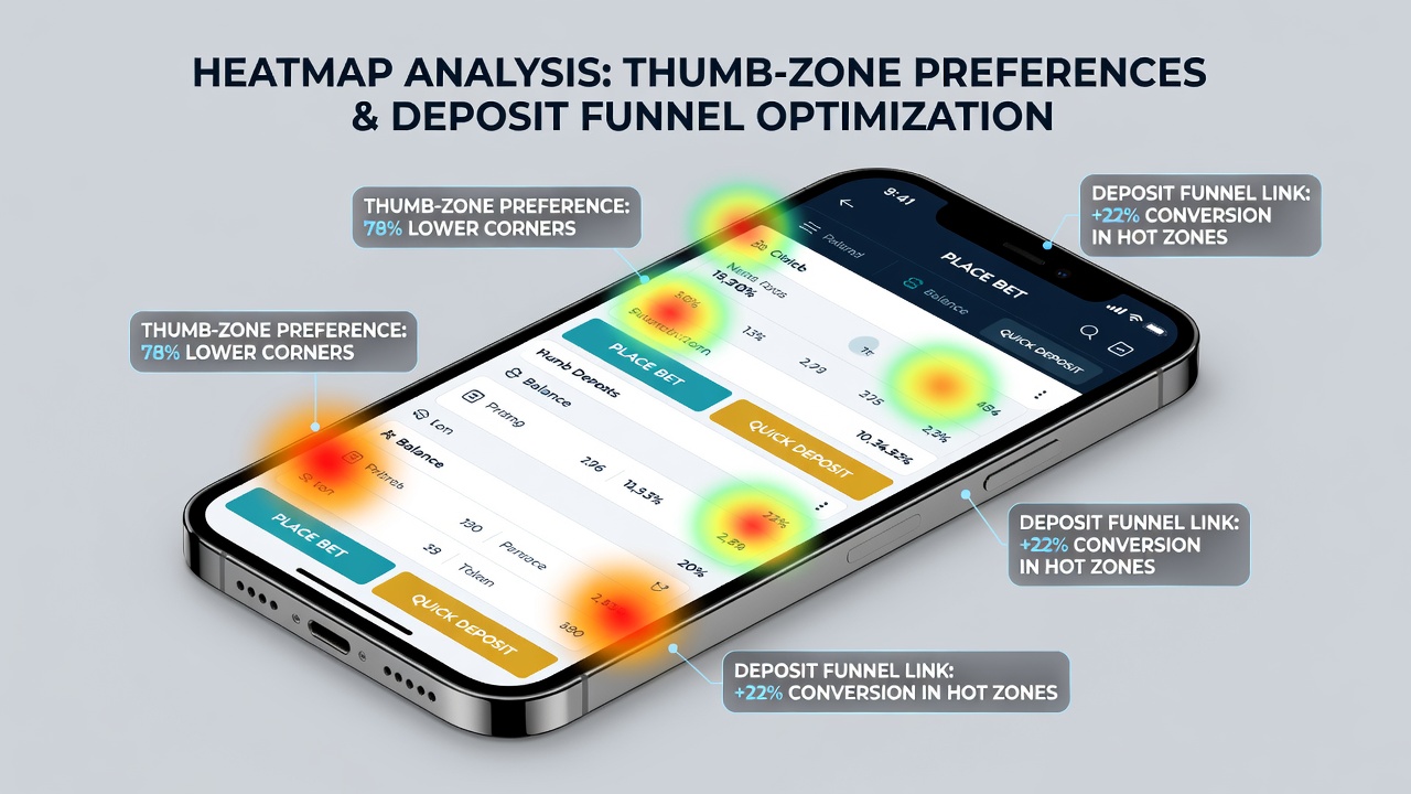 Detailed heatmap overlay on a mobile betting deposit screen highlighting thumb zone clusters and tap frequency data