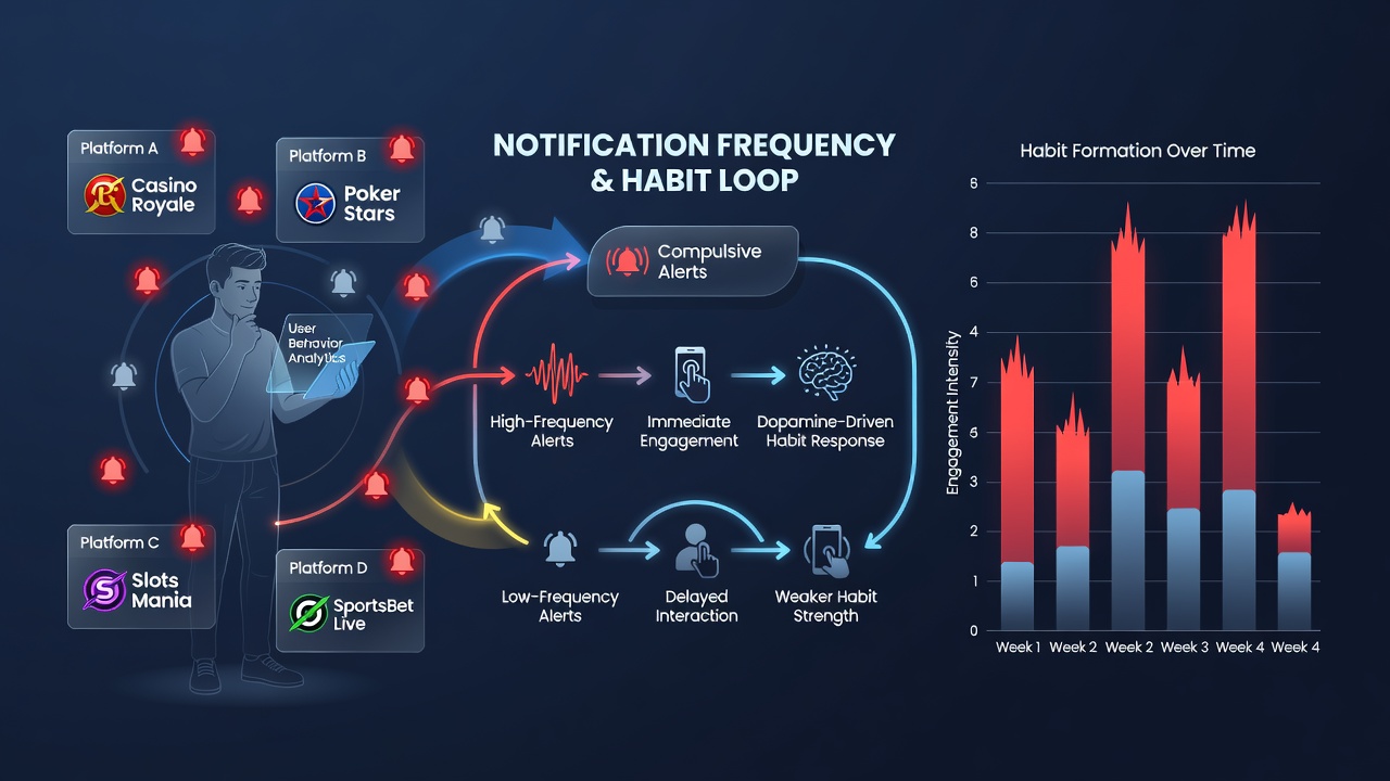 Users checking multiple gambling apps on smartphones with notification alerts popping up at different intervals