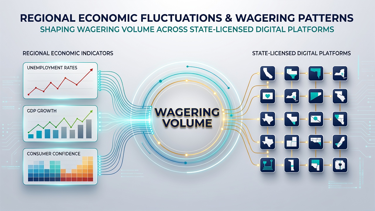 Regional maps and charts showing economic indicators alongside wagering volume trends on digital betting platforms