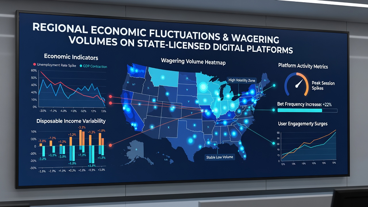 Infographic displaying state-by-state wagering volume changes correlated with employment and income data for 2026
