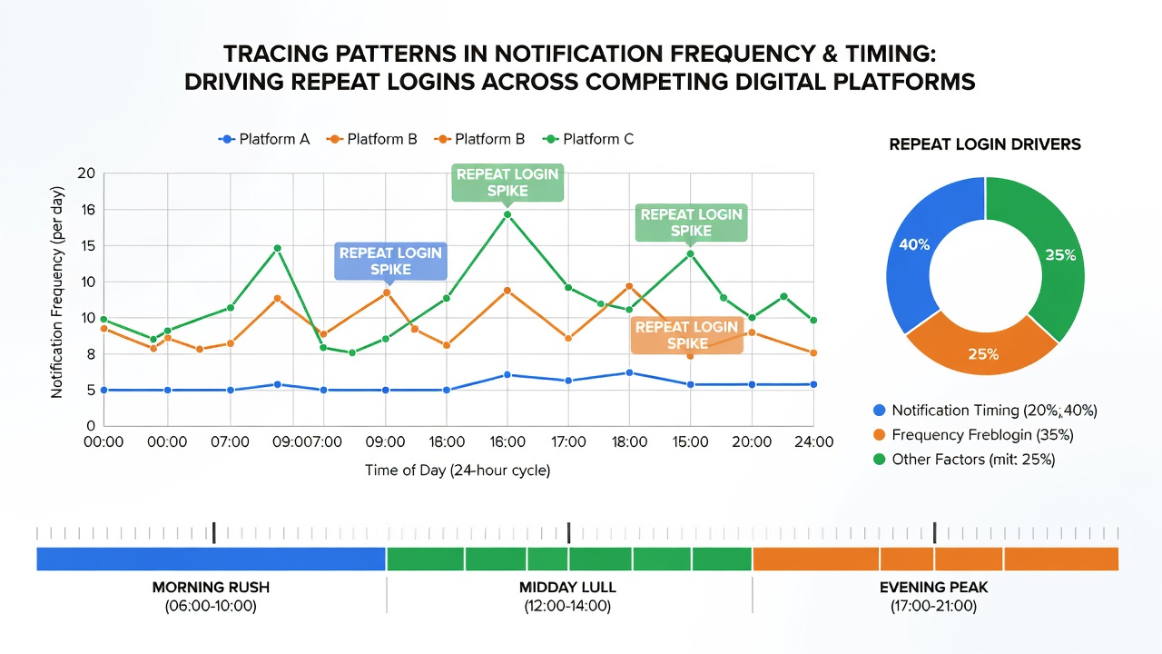 Analytics dashboard displaying notification timing data and repeat login metrics for wagering platforms